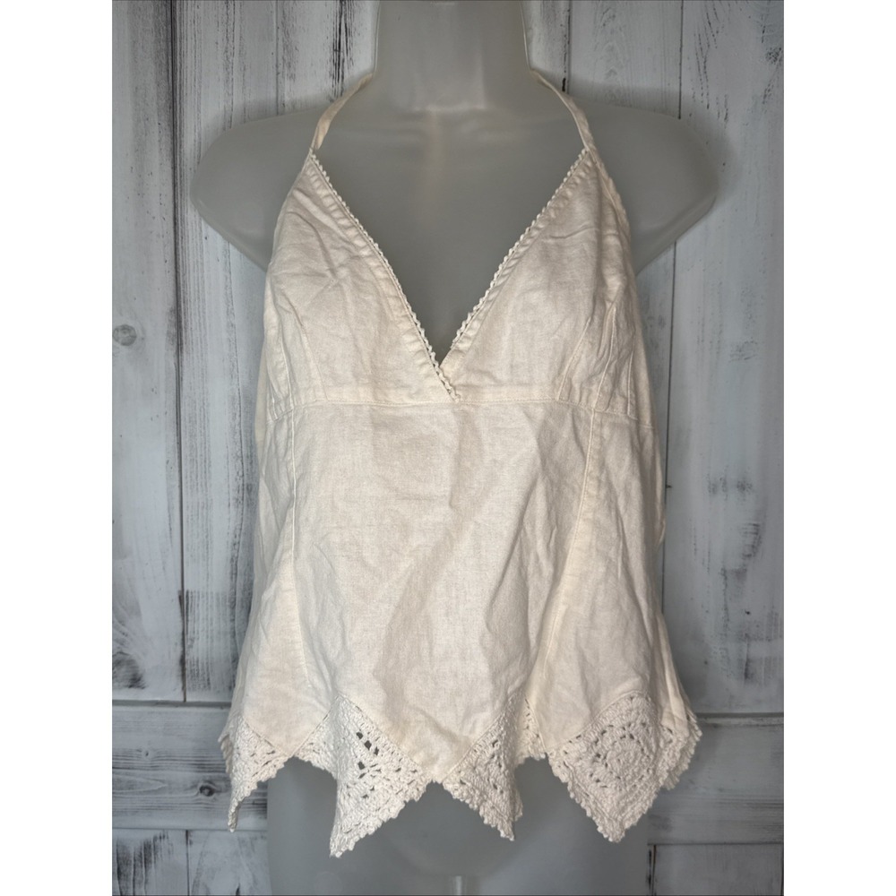 H&M White Linen Crochet Boho Hippie Halter Top Tie Neck Sleeveless Cropped Sz 12